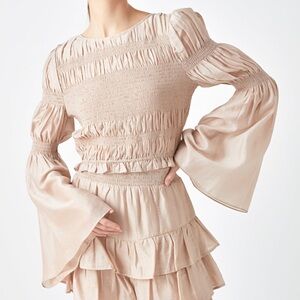 Endless Rose Smocked Bell Sleeve Crop Top Linen Blend women size S NWT Beige